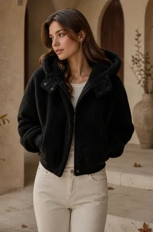 Aeropostale Black Faux Fur Sherpa Bomber Jacket Hooded Cozy Size Small thumbnail 1