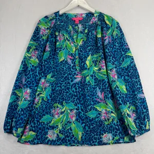 Lilly Pulitzer Elsa Blouse‎ Womens Medium Blue Silk Leopard Floral Smocked Top thumbnail 1