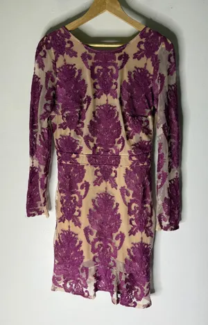 For Love & Lemons Purple Floral Lace Open Back Mini Dress Long Sleeve Tan Lining thumbnail 1