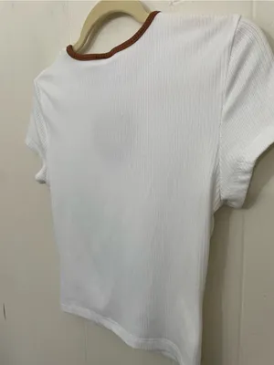Rue 21 Baby Doll Top Heart Cut Out Size M White Ribbed Brown Trim Y2K 2000s thumbnail 10