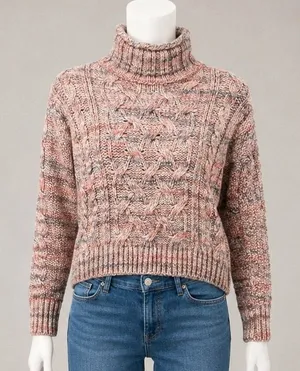 GAP Womens Sweater Pink‎ Gray Marled Cable Knit Mock Neck Wool Blend XS thumbnail 1