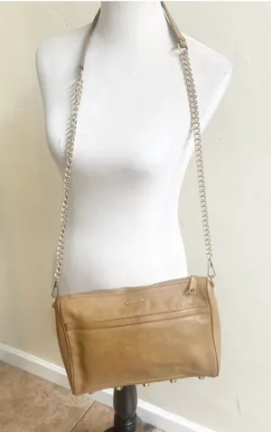 Rebecca Minkoff Crossbody Bag Womens Tan Leather Gold Chain Strap Shoulder Chic thumbnail 1