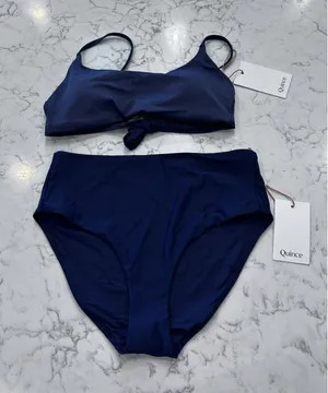 NWT Quince Deep Navy Italian Scoop Neck Bikini Top & High Rise Bottoms Small thumbnail 1