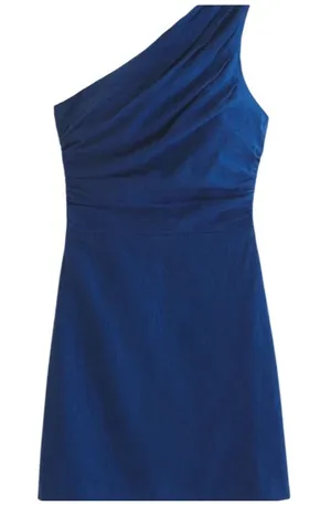 Abercrombie‎ and fitch one shoulder linen blend mini dress blue ruching large thumbnail 1
