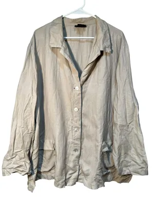 Ashley Stewart Women's Plus Size 26W Button‎ Down Top Beige Pockets Linen Blend thumbnail 1