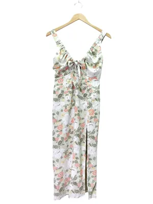 Abercrombie & Fitch Size XS Cinched Neck Slip Midi Dress Green Floral Satin Slit thumbnail 2