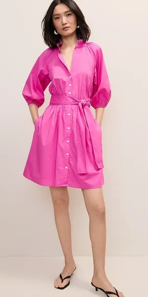 Ann Taylor Shirt Dress Womens 12 Pink Excellent Pom Ruffle Puff Sleeve Belted thumbnail 1