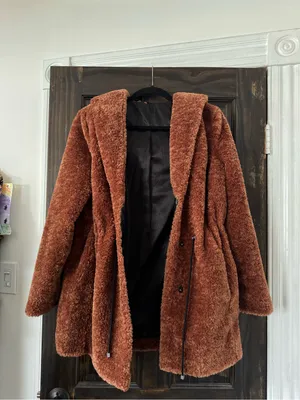 Plush Teddy Hooded Coat in Rust Brown thumbnail 3