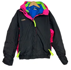 Columbia Vintage Ski Jacket 90s Large Neon Bugaboo Double Layer Coat Black Pink thumbnail 1