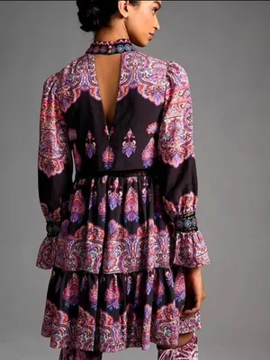 Anthropologie Mixed Printed Boho Mini Dress Size 0 Beaded thumbnail 2