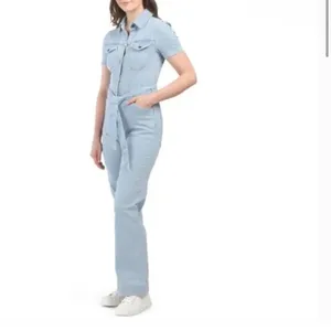 Avec Les Filles Light Wash‎ Denim Short Sleeve Button Front Utility Jumpsuit 26 thumbnail 3