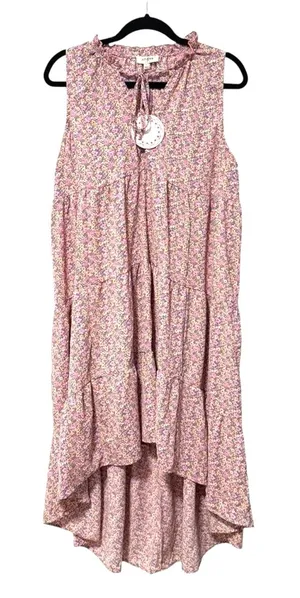Umgee Womens Pink Floral Tiered High Low Sleeveless Ruffle Tie‎ Neck Dress L NEW thumbnail 1