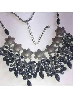 Gunmetal Gray Dark Black Metal Floral Beaded Boho Statement Necklace thumbnail 7