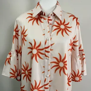 Petal & Pup Ren Soleil Sun Print Mini Dress Ruffle Bell Sleeve Cream Orange Med. thumbnail 5