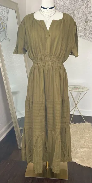 Chicwish Notch Neckline Floret Eyelet Shirred Cotton Dress in Olive XXL thumbnail 1