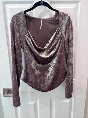 Free People Velvet Long-Sleeve Drape Neck Top - Taupe size Small thumbnail 4