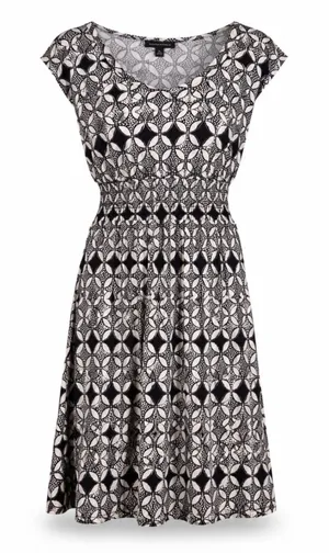 Banana Republic XS Black White Geometric Print Dress Smocked Waist Stretch thumbnail 1