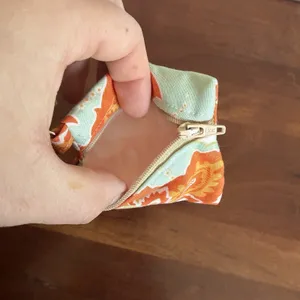 Handmade Light Blue Orange Floral Coin Pouch with Keychain Clip Zip Closure thumbnail 3