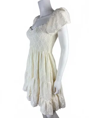 Cream Smocked Puff Sleeve Mini Dress Size S thumbnail 3