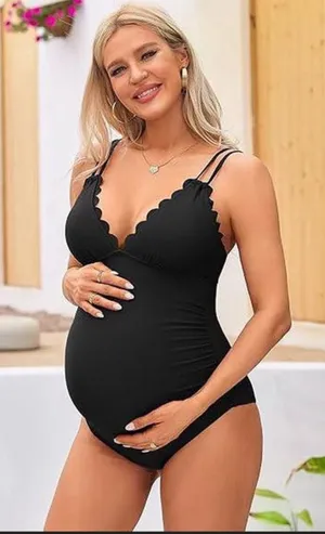 Charmo Women's Ruched Maternity One-Piece Swimsuit Scalloped Neck Black L thumbnail 1