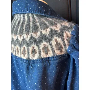 Free People Polka Dot Denim Button Down Shirt Fair Isle Knit Yoke Blue western thumbnail 2
