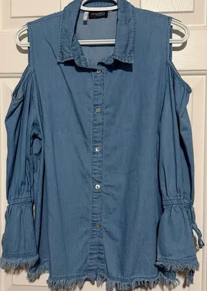 Angela Plus Blue Denim Cold Shoulder Long Sleeve Button Front Blouse Size ? - XL thumbnail 1