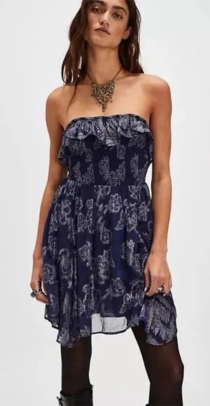 Free People Metallic‎ Ruffle Gardenia Mini Dress - Eclipse ( Navy) Size S NWOT thumbnail 1
