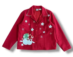 Take‎ Two Red Wool Blend Holiday Jacket Snowman Embroidered Christmas Women’s L thumbnail 1