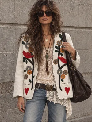 Bohemian Embroidered Cream Cardigan Sweater Jacket Medium thumbnail 1