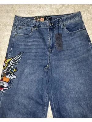 Ed Hardy medium wash embroidered eagle heart tattoo wide leg denim jeans Size 30 thumbnail 3