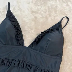 J. Crew Re-Imagined Plunge Black Ruffled One-Piece Swimsuit Size 12 thumbnail 3