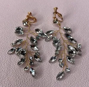 Vintage Gems Bridal Rhinestone Vine Clip On Earrings Gold Crystal Dangle thumbnail 1