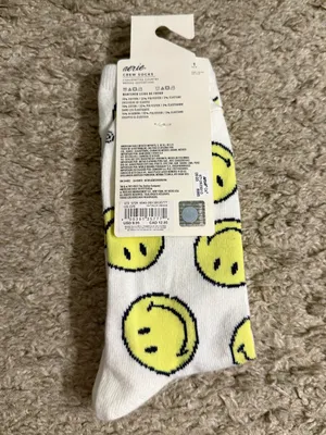 Aerie White Neon Yellow Smiley Face Design Crew Socks NWT thumbnail 5