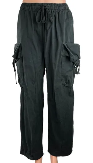 Bei Sen Tu Black Drawstring Elastic Waist Straight Leg Pull On Cargo Pants Sz 3 thumbnail 1