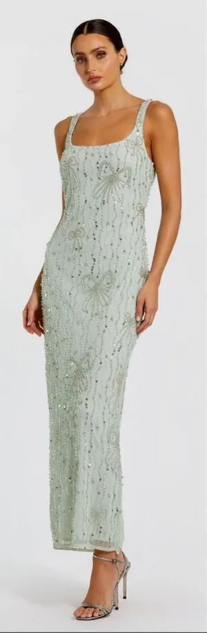 MAC DUGGAL 94129 Green Beaded Mesh Scoop Neck Fitted Gown With Bows thumbnail 1