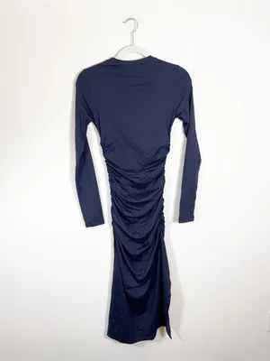 NWT Susana Monaco Gathered Crew Long Sleeve Slit Dress Navy Blue Size XS thumbnail 3