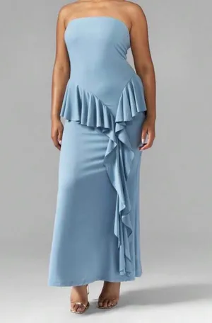 Missguided Light Blue Strapless Maxi with Ruffle Accent thumbnail 2