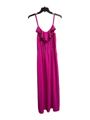 Amanda Uprichard Hot Pink 100% Silk Maxi Dress W/ Ruffled Neckline Medium thumbnail 2