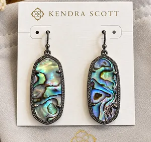 Kendra Scott Elle Drop Earrings Abalone Shell Gunmetal Gray Iridescent Oval NWOT thumbnail 1