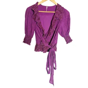 Free People Olivia Purple Printed Tie Waist Cropped Puff Sleeve Wrap Top Size XS thumbnail 3