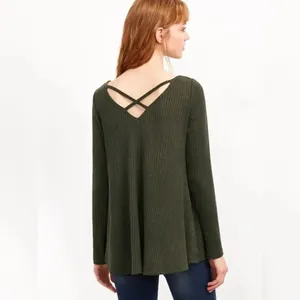 Army Green Crisscross Double V Neck Ribbed T-shirt thumbnail 2