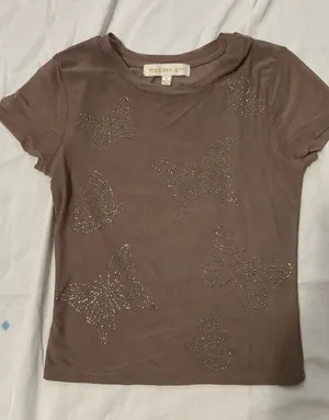 Madden Girl Brown Rhinestone Butterfly Mesh Top Small Y2K Fairy Grunge Sheer Tee thumbnail 1