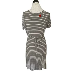 Calvin Klein Dress Sz 12 Striped Short Sleeve Green Olive Knee Length Minimalist thumbnail 14