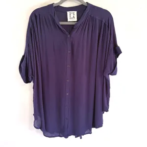 PPLA Purple Crepe Oversized Button Down‎ Blouse Short Sleeve Large Flowy Boho thumbnail 2