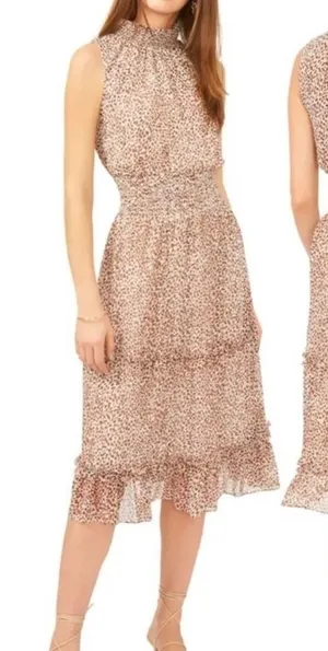 1.State‎ Animal Print Chiffon Smocked Mock Neck Dress in Brown Taupe thumbnail 1