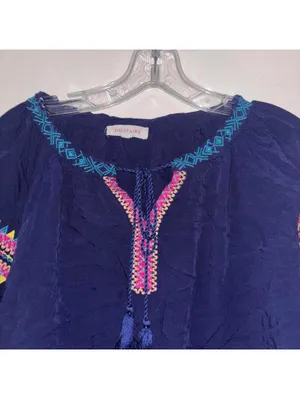 Solitaire Blue V Neck Boho Floral Embroidered Long Sleeve Blouse Tunic thumbnail 2
