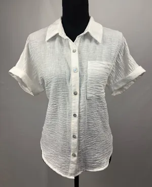 Monteau White Crinkled Short Sleeve Button-Down Shirt Medium thumbnail 1