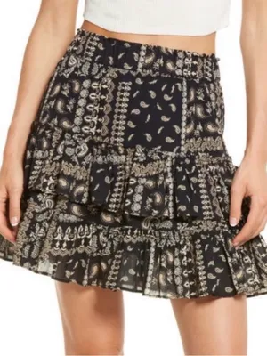 Free People Melissa Black Paisley Printed Tiered Ruffled Mini Skirt - Size Large thumbnail 1