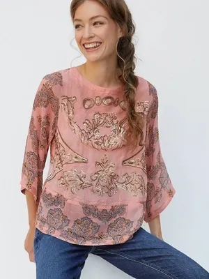 Anthropologie Ignacia Sheer Sequined Blouse Coral Gold Boho Top thumbnail 1