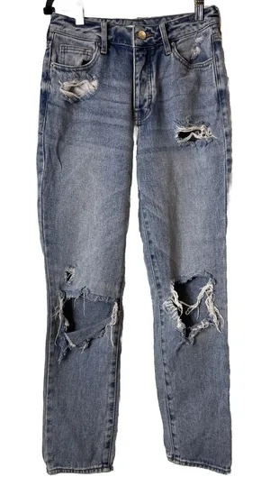 PacSun Womens 25 Blue Mom Jean‎ Thrashed High Waisted Straight Leg Denim Preppy thumbnail 1